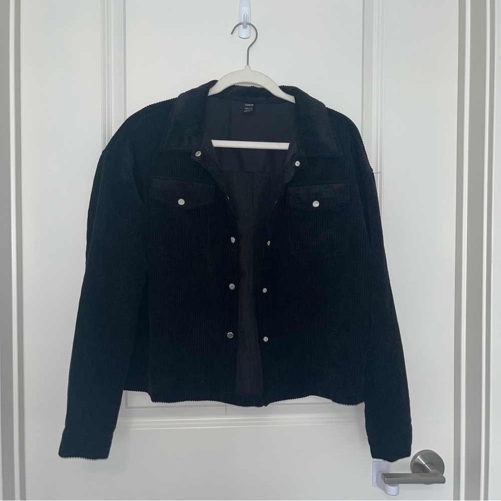 Black Corduroy Jacket with button detail, drop shoulder, and flap pocket - Picture 2 of 4